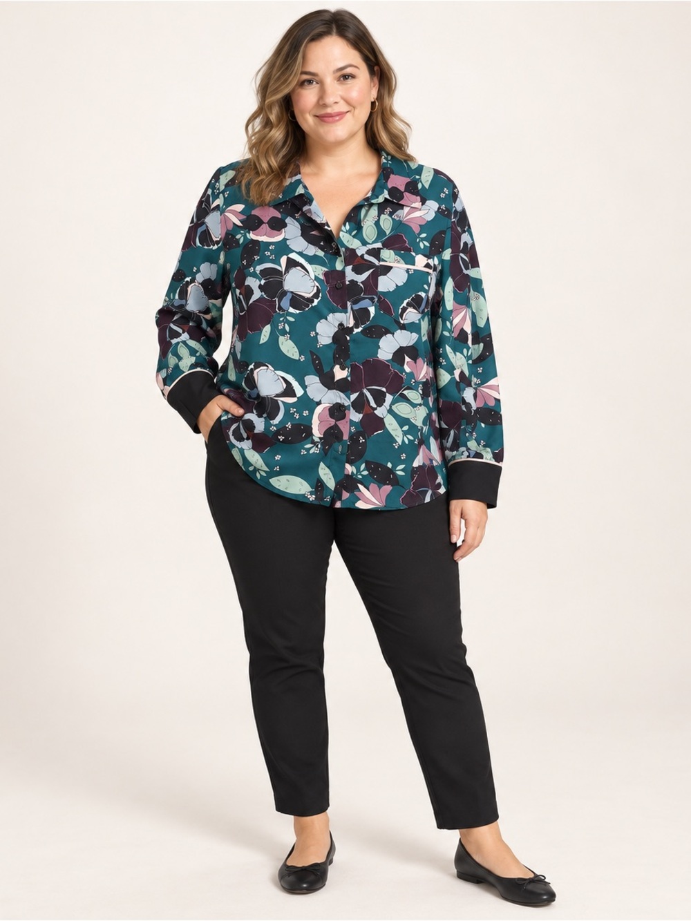 Eloquii Teal Floral Button-Down Blouse with Black Accents